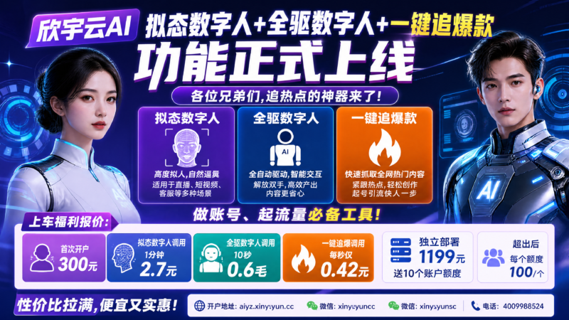 🔥 欣宇云AI重磅升级:拟态数字人+全驱数字人+一键追爆款,热点流量轻松抓!-欣宇云博客